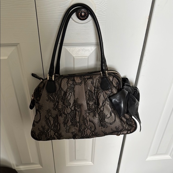 Valentino Garavani Black Leather Satchel with Lace Overlay - Picture 8 of 12